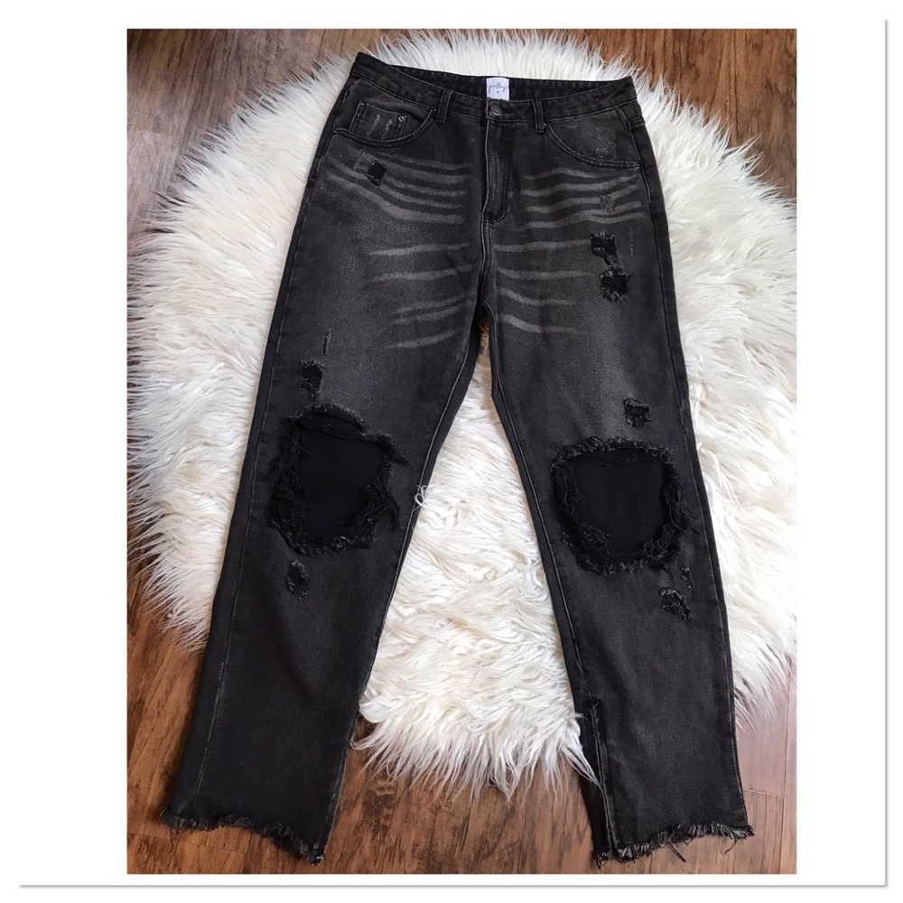 Princess Polly Straight Leg High Waisted Distressed Jeans Black Size 12